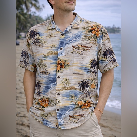 Hilo Hattie Other - Hilo Hattie Men’s L Hawaiian Shirt Rayon Scenic Outrigger Canoe Hibiscus